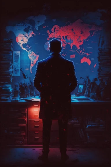 The shadow of a man stares at a map of the world, lit in red and blue