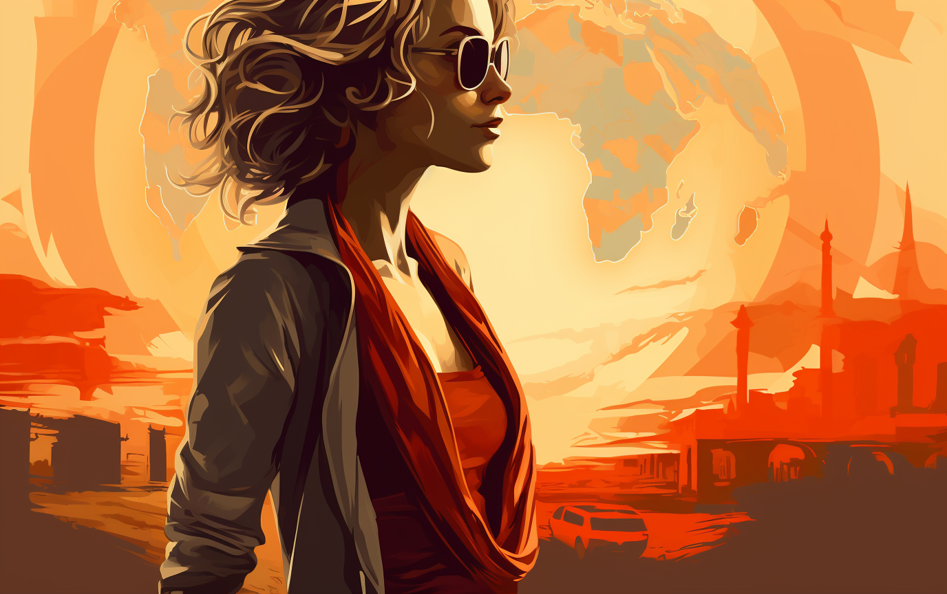 Blonde woman in shades in profile, standing before an orange and red background